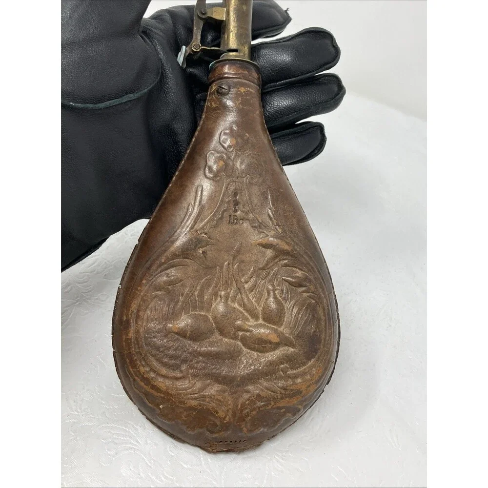 Antique Leather Gunpowder Pouch FLAWED Quail Pheasant Design w metal top VTG